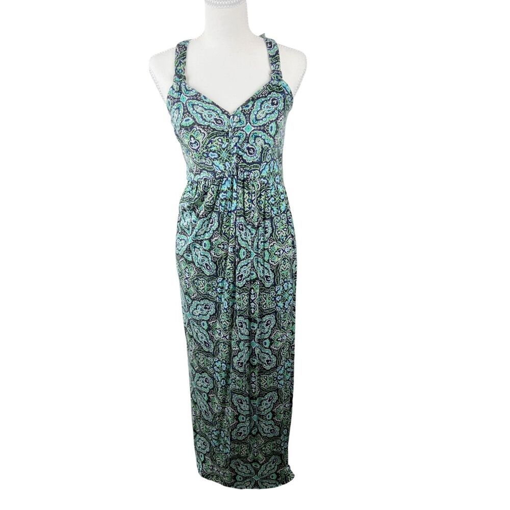 Allison Brittney Dress Women Medium Blue Green Stretch Sleeveless Maxi Paisley